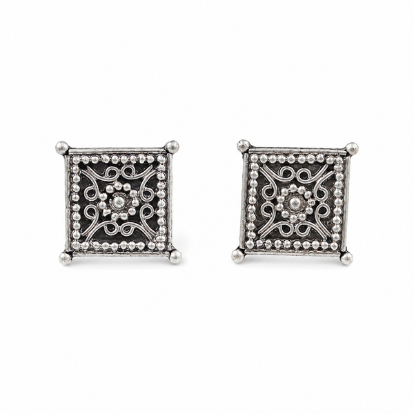Diamond Shape Filigree Oxidized Silver Earrings