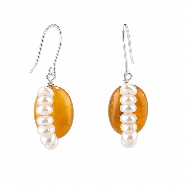 Yellow Agate & Freshwater Pearl Silver Earrings (Project Handmade)