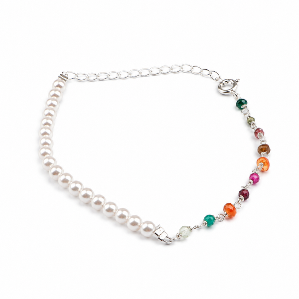 Multicolor Stone & Pearl Silver Bracelet (Project Handmade)