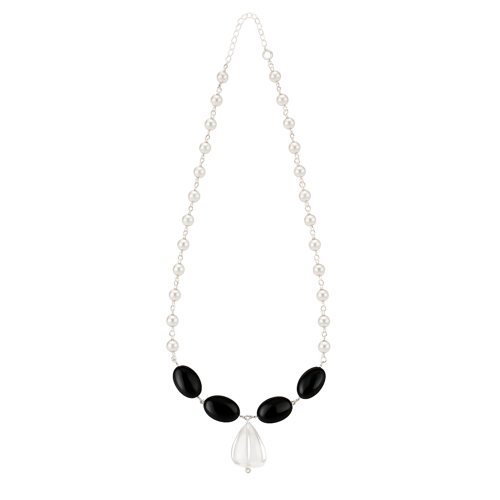 Silver Pearl Ganthan Necklace with Black Spinel  and Crystal
