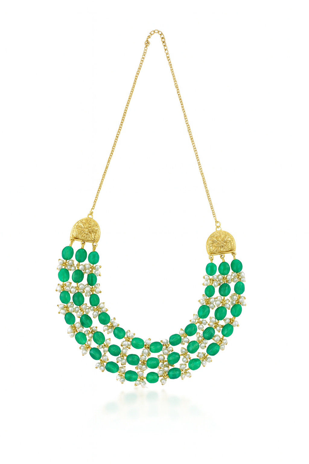 Aadyaa Luxe necklace (with green onyx and pearl bunches)