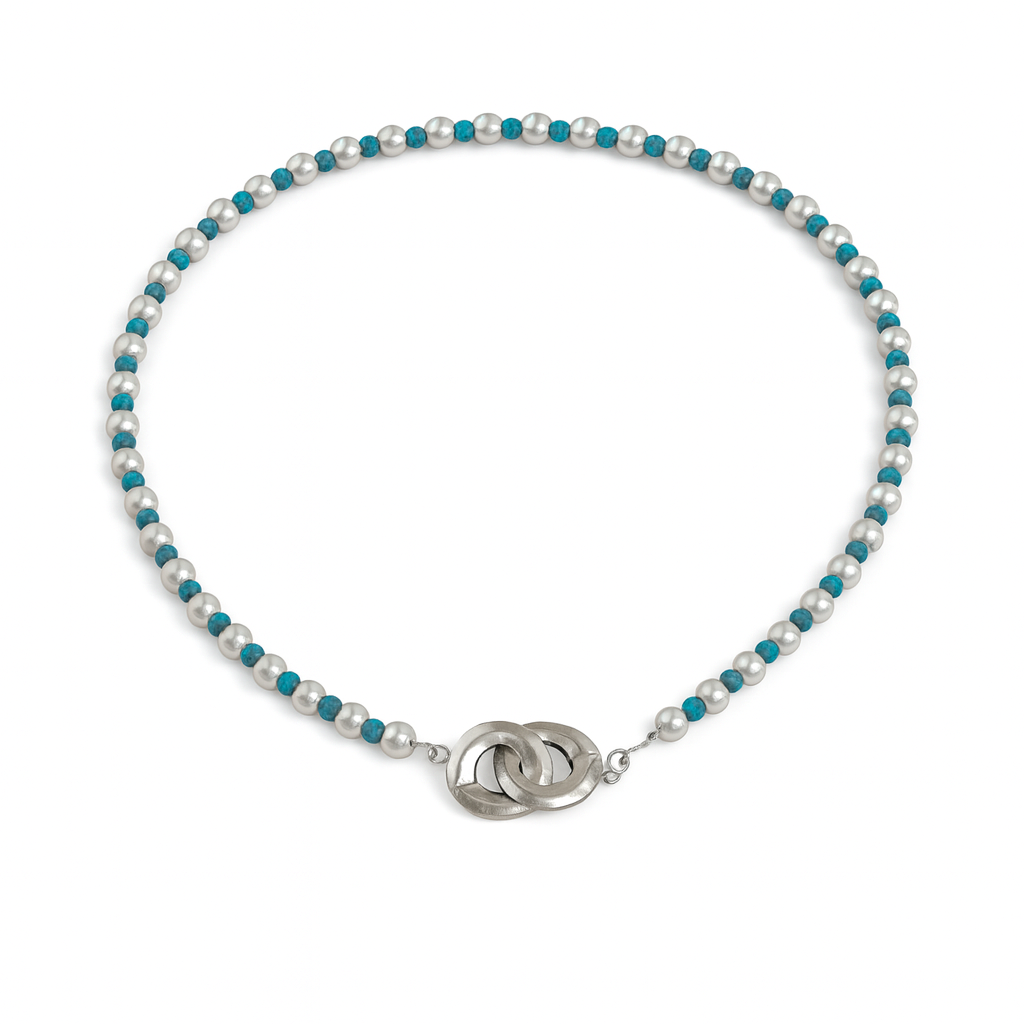 Infinity lock necklace with pearls and terquoise