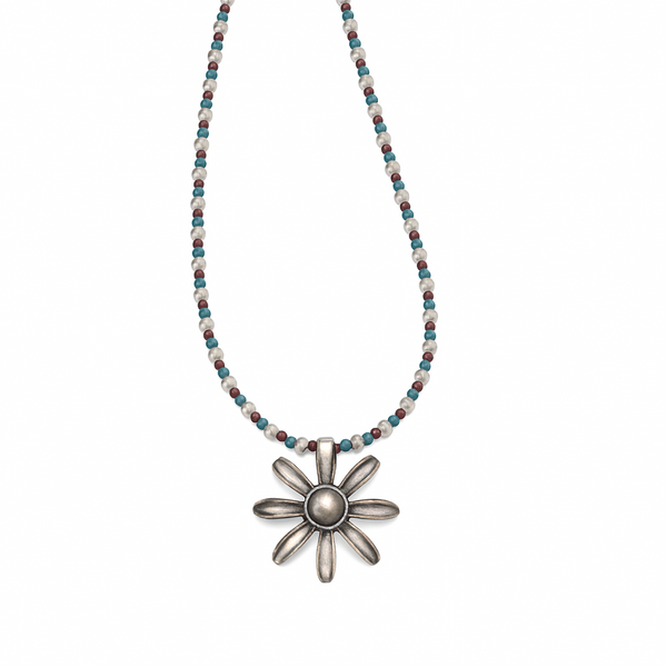 Flower pendant necklace with pearls and semi-precious stones in silver