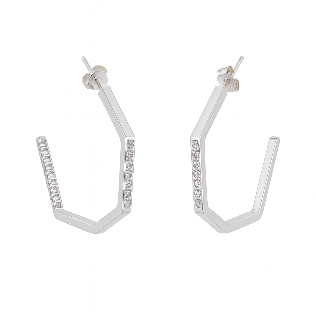 Silver Hexagon Shaped Hoops with CZ stones (Big)