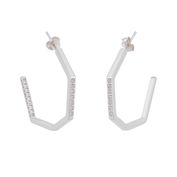 Silver Hexagon Hoops with CZ stones earrings
