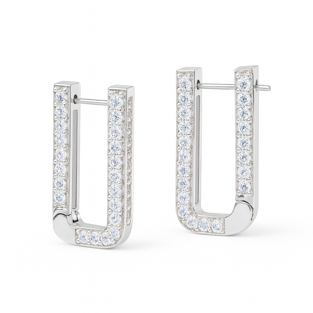 Silver U Shaped Hoops with CZ Stones