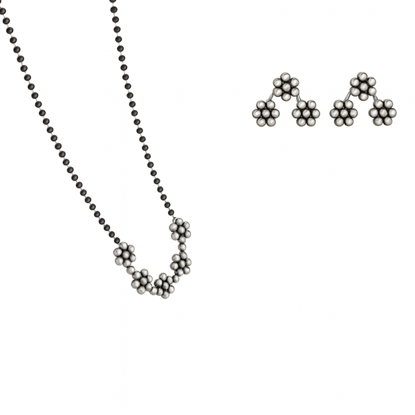 Silver 5 Kudi Mangalsutra Set with black beads and floral pendants