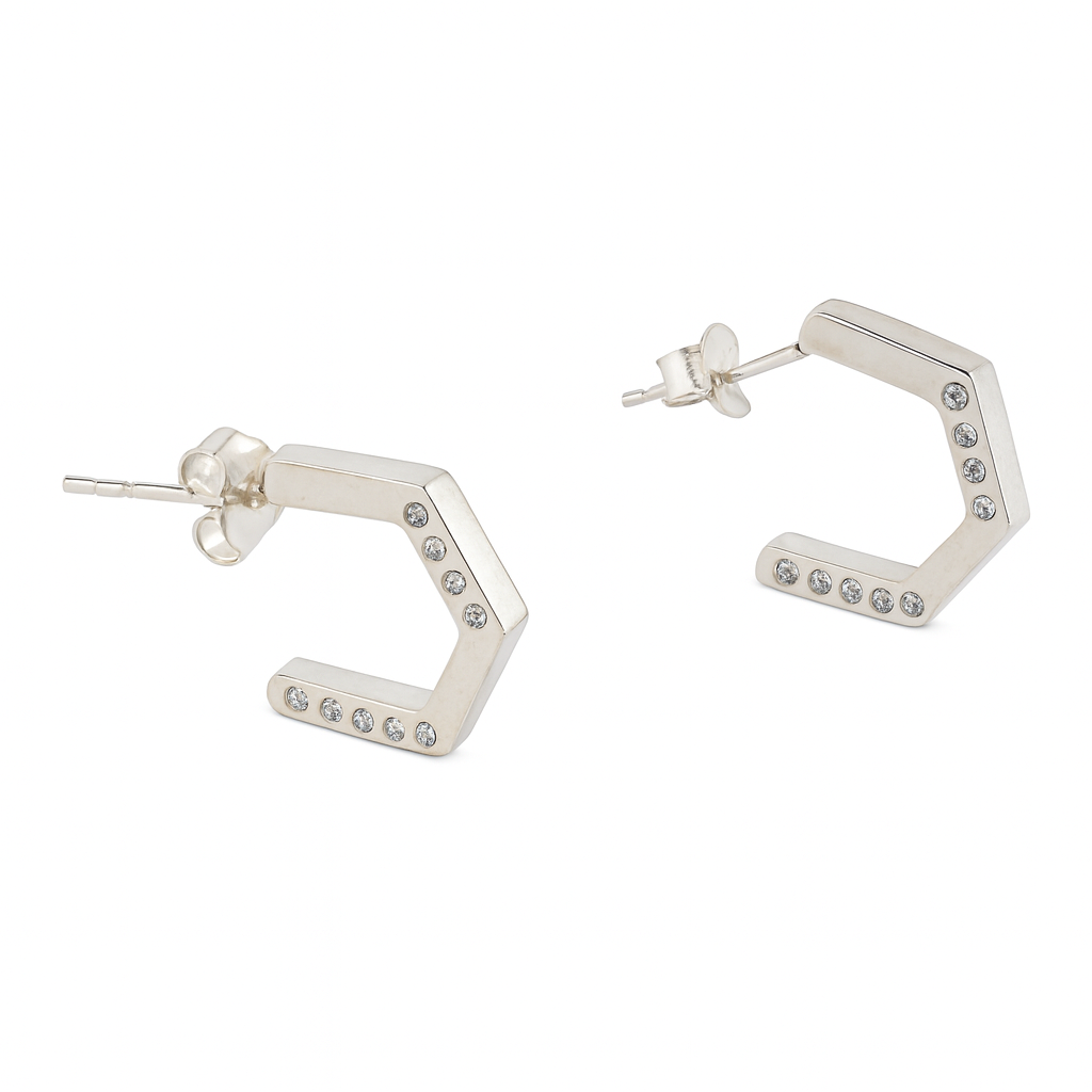 Silver Hexagon Shaped Hoops with CZ stones