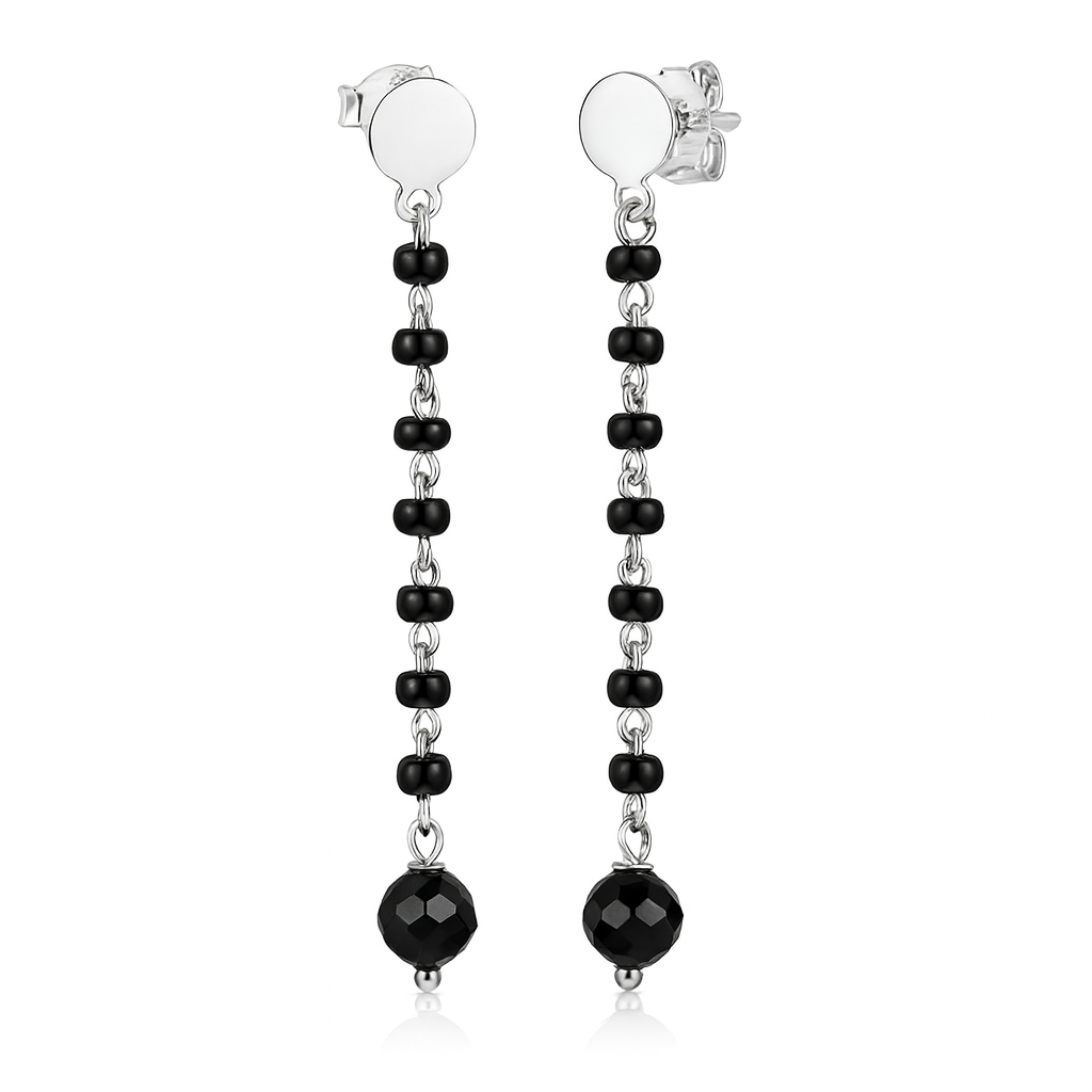 Silver String Earring with Black Spinel