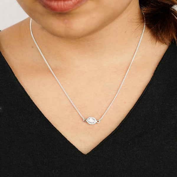 Silver CZ Oval Pendant Necklace