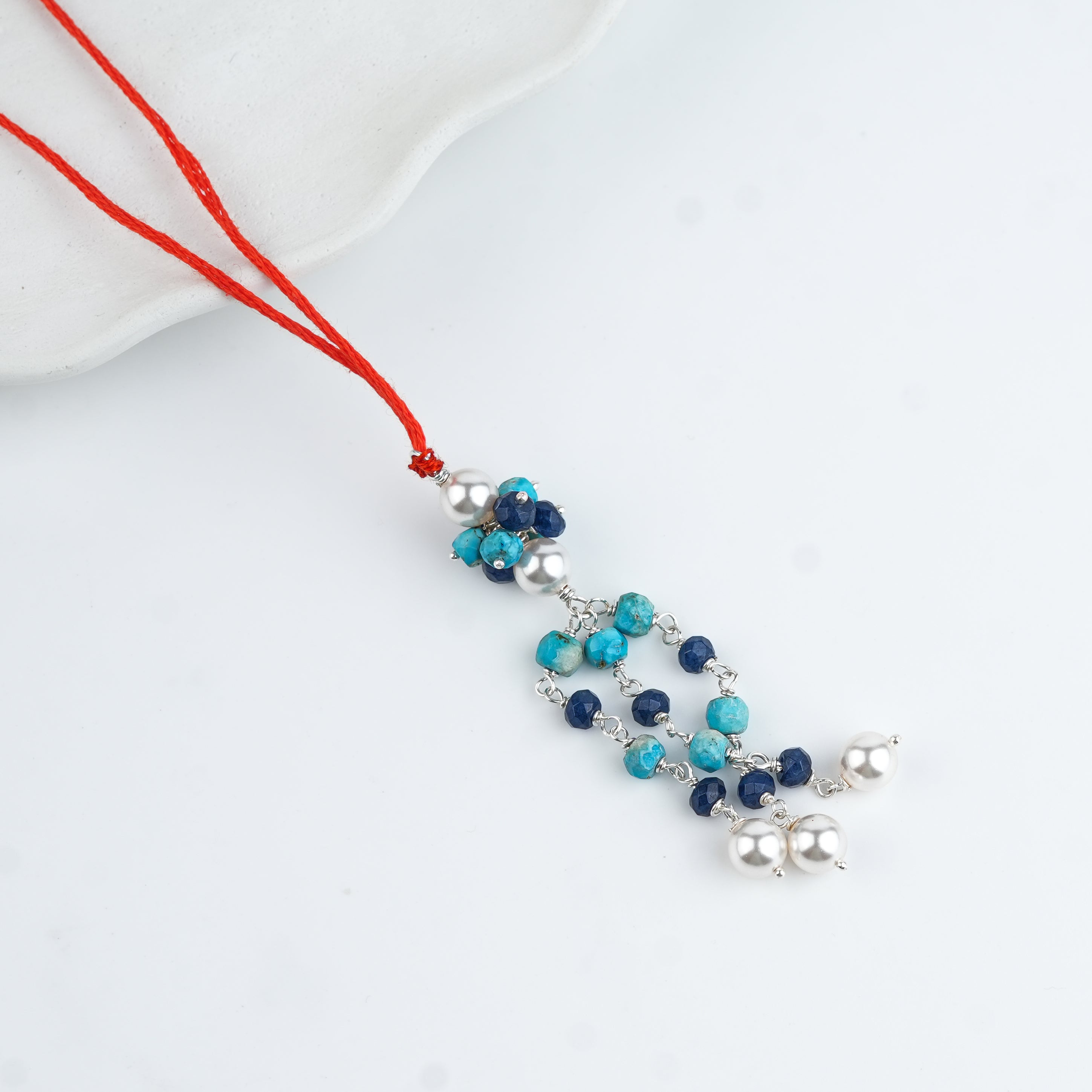 Turquoise, Blue Jade & Pearl Handmade Silver Lumba Rakhi