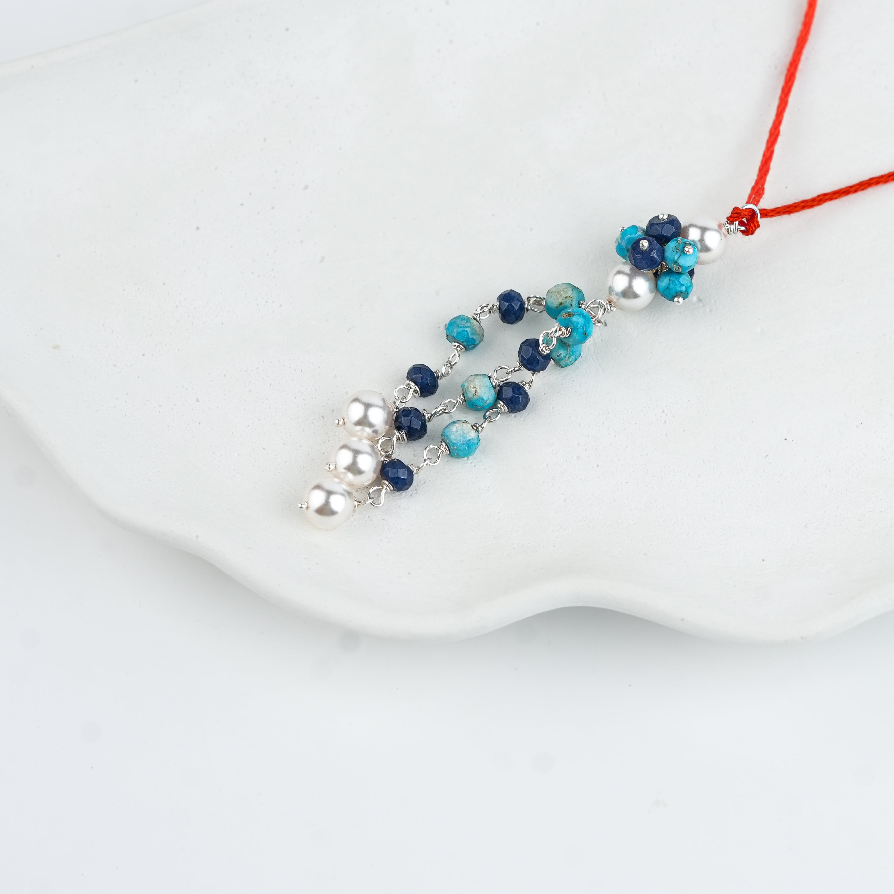 Turquoise, Blue Jade & Pearl Handmade Silver Lumba Rakhi