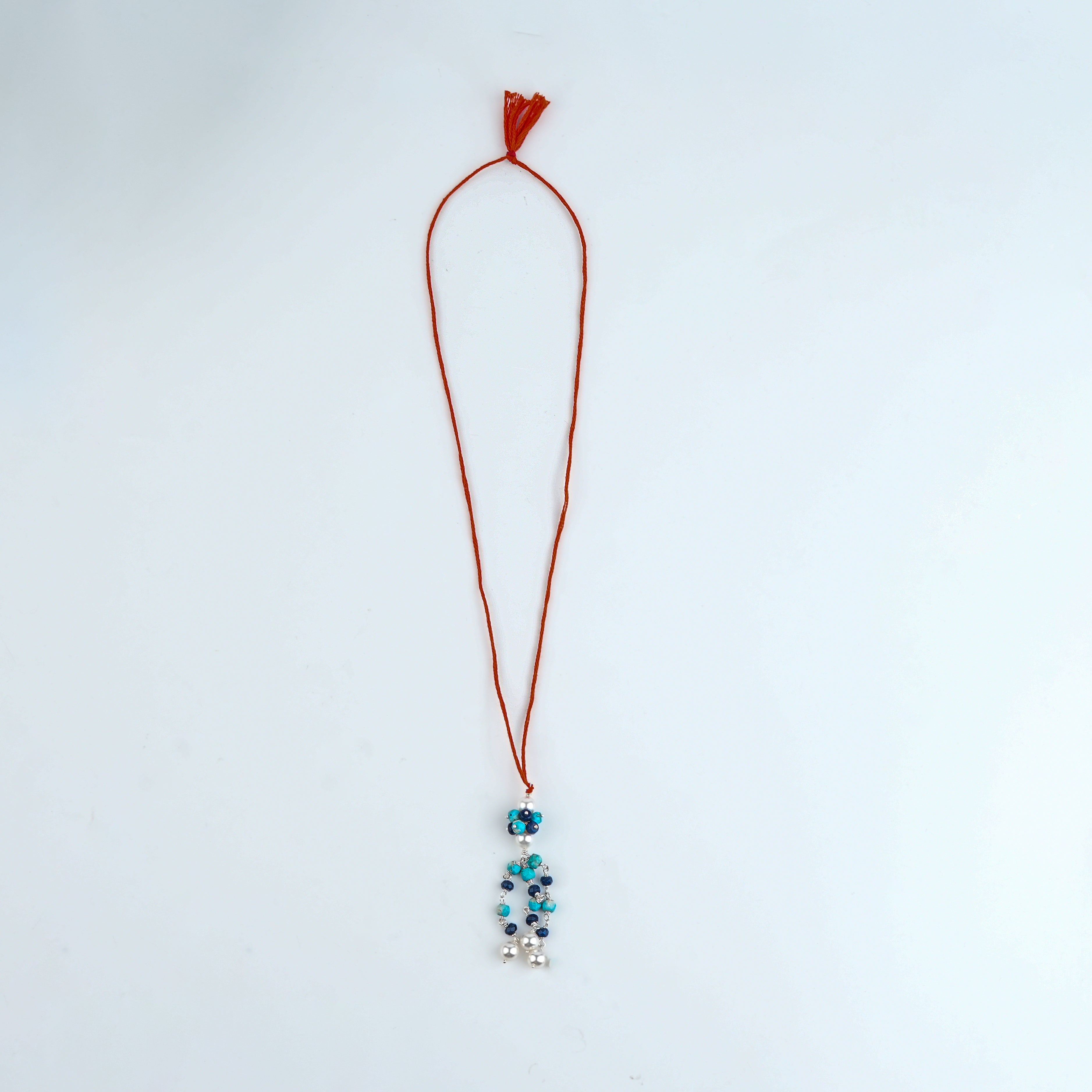 Turquoise, Blue Jade & Pearl Handmade Silver Lumba Rakhi