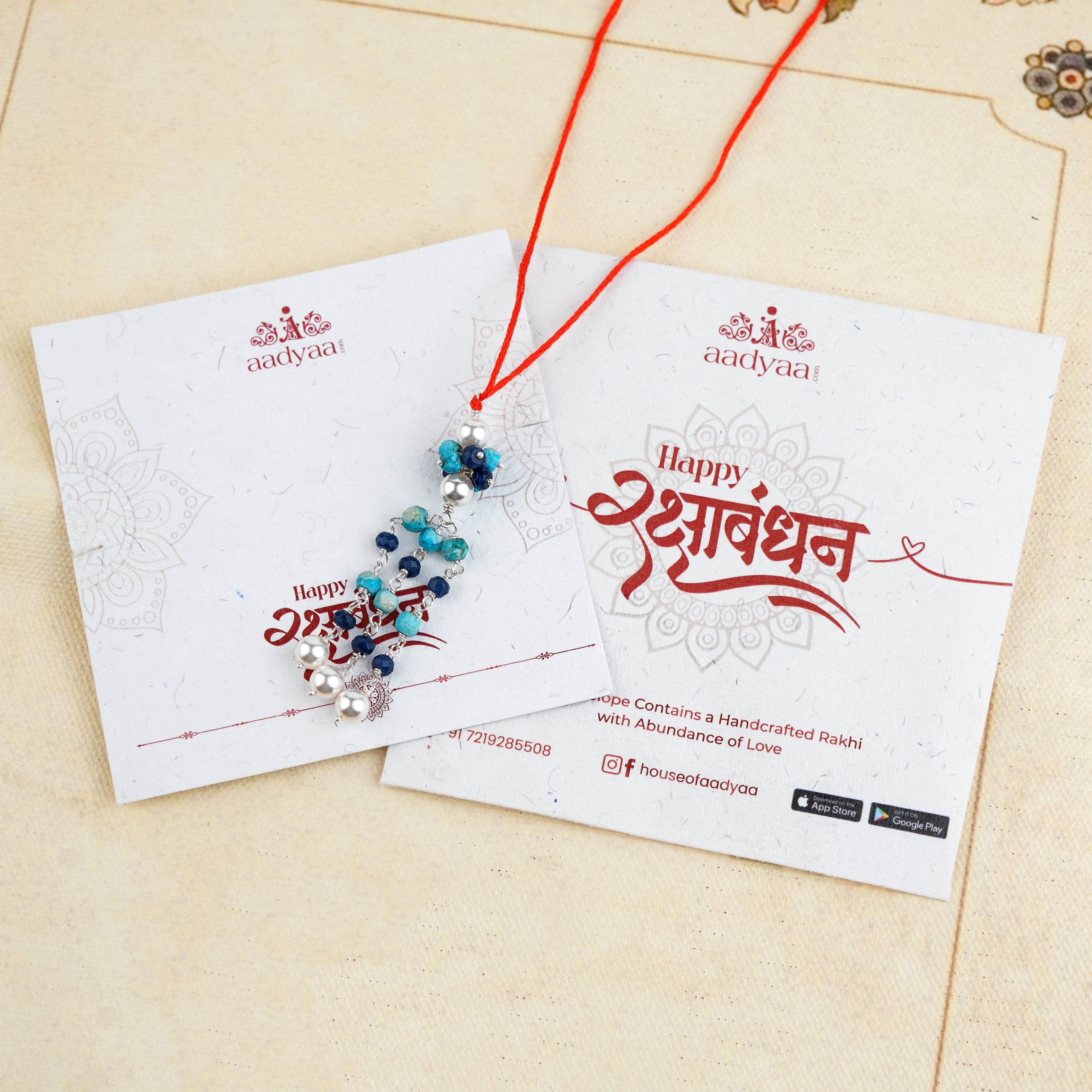 Turquoise, Blue Jade & Pearl Handmade Silver Lumba Rakhi