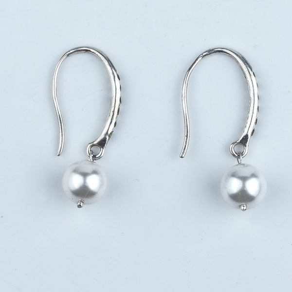 Silver Dangle Pearl Earrings with Green CZ Stones