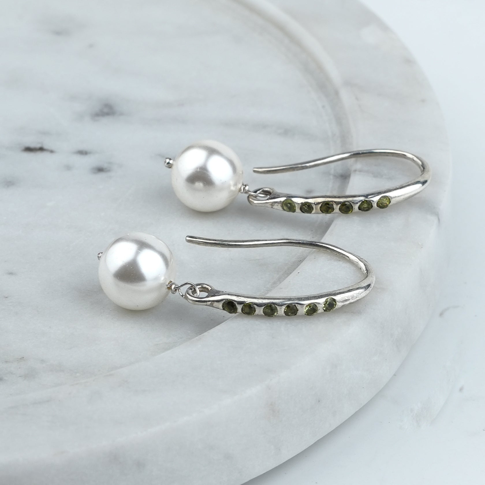 Silver Dangle Pearl Earrings with Green CZ Stones