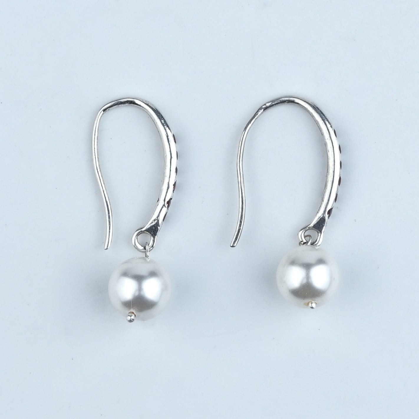 Silver Dangle Pearl Earrings with Red CZ Stones