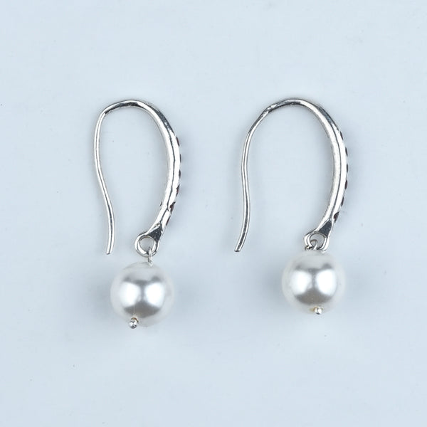 Silver Dangle Pearl Earrings with Red CZ Stones