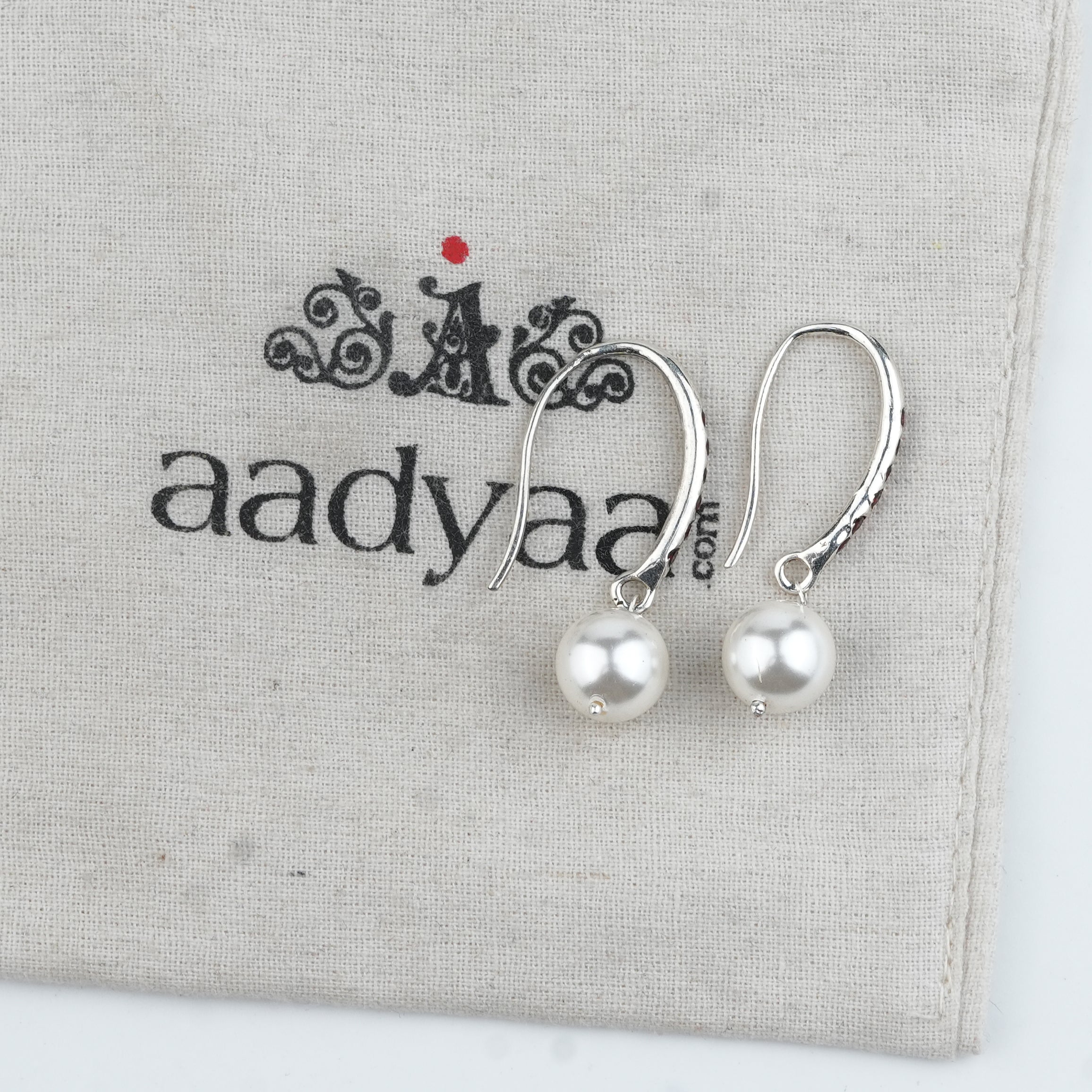 Silver Dangle Pearl Earrings with Red CZ Stones