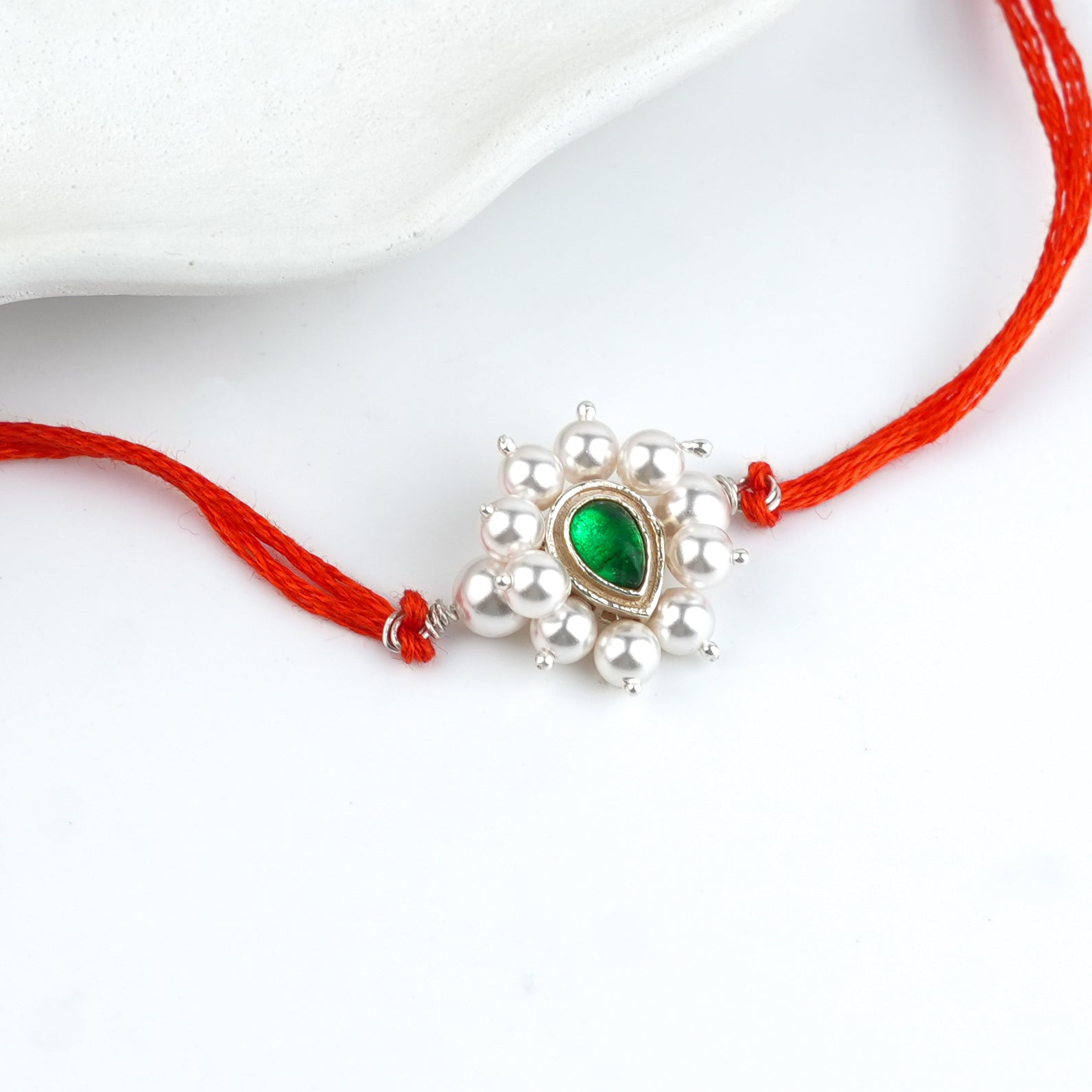 Green Drop & Pearl Handmade Silver Rakhi