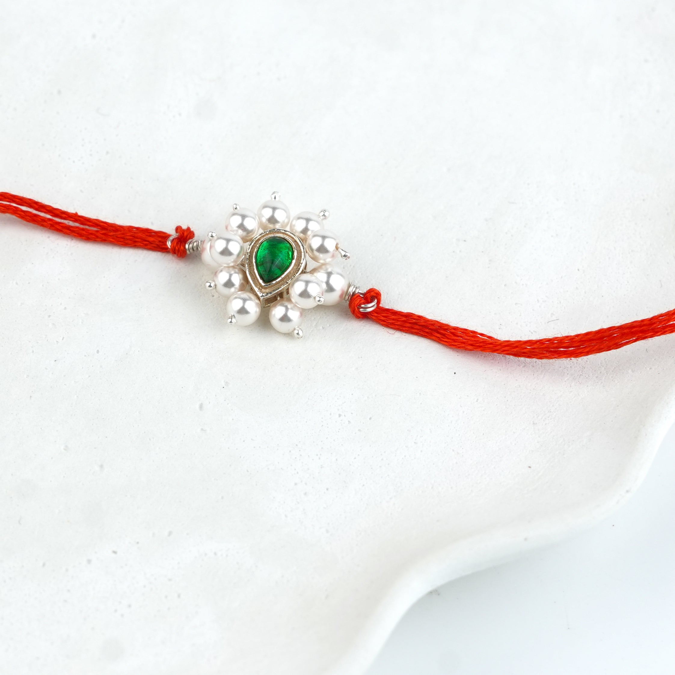 Green Drop & Pearl Handmade Silver Rakhi
