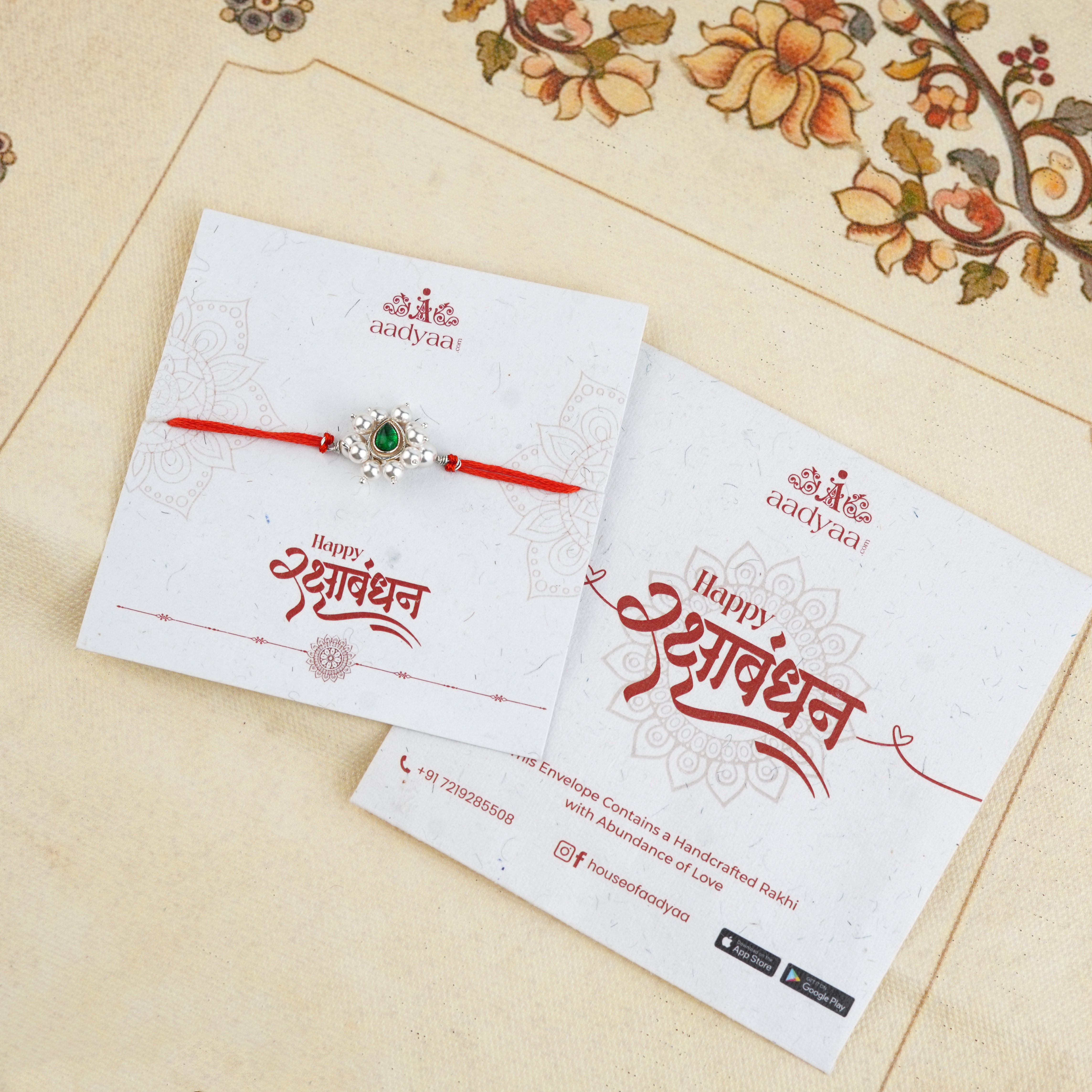 Green Drop & Pearl Handmade Silver Rakhi