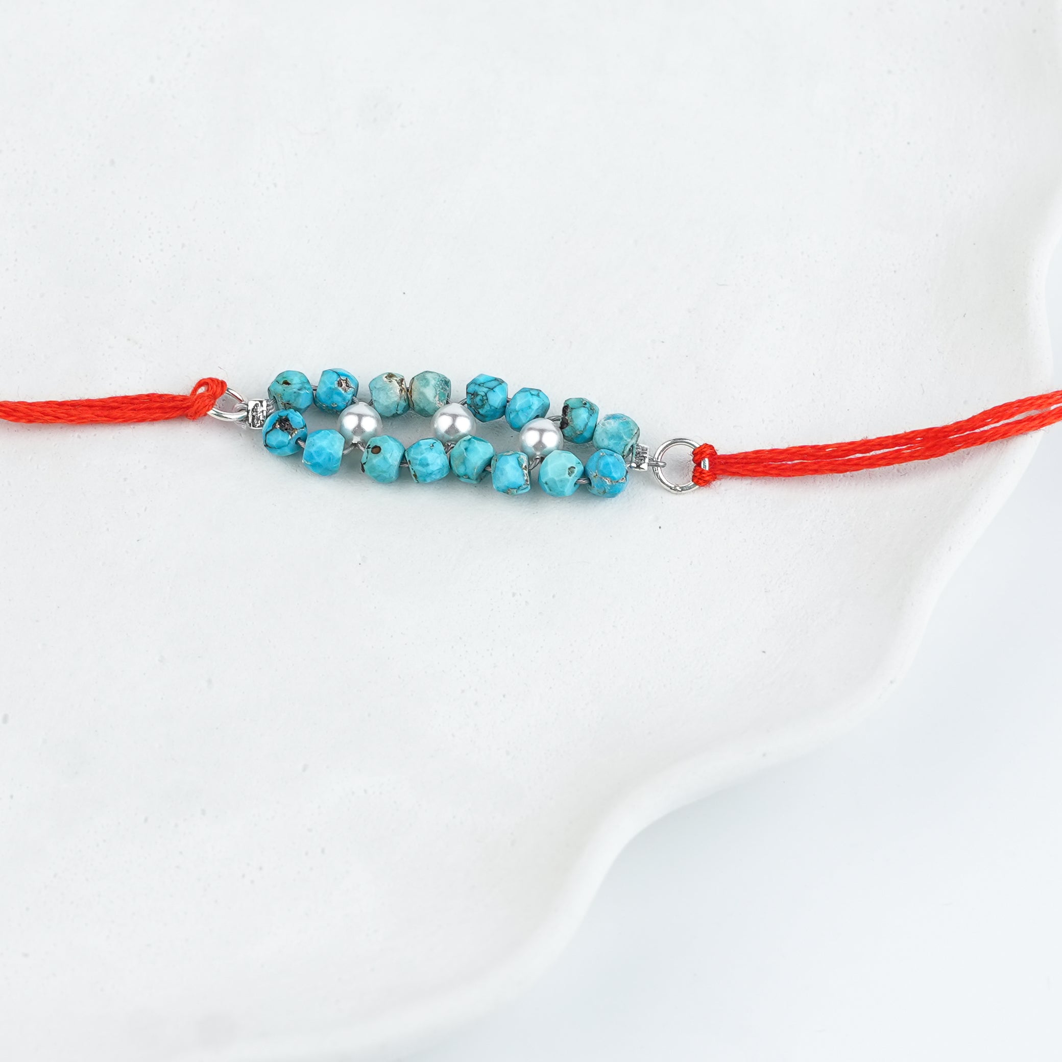 Turquoise & Pearl Handmade Silver Rakhi