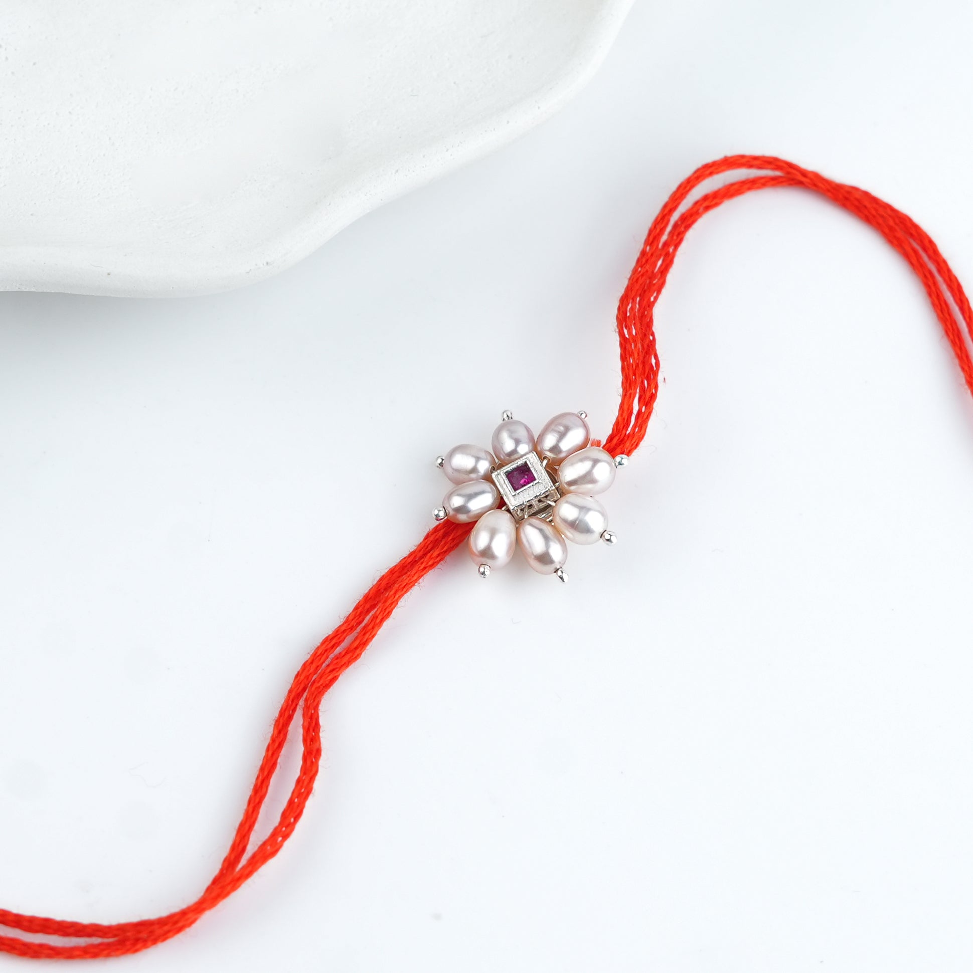 Pink Square & Pearl Handmade Silver Rakhi