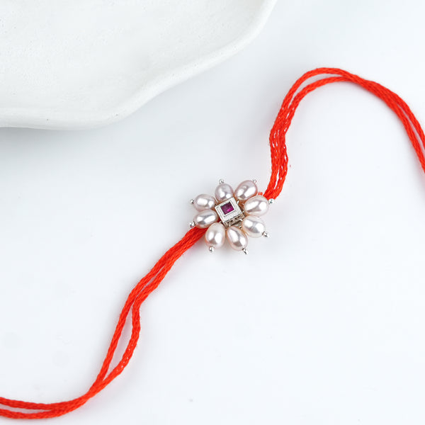 Pink Square & Pearl Handmade Silver Rakhi