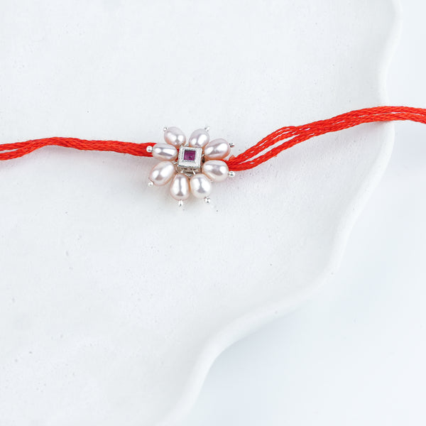 Pink Square & Pearl Handmade Silver Rakhi