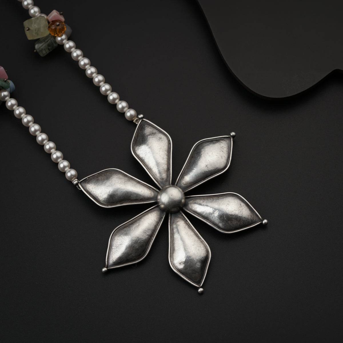 Flower Pendant Necklace with Pearls & Semi Precious Stones