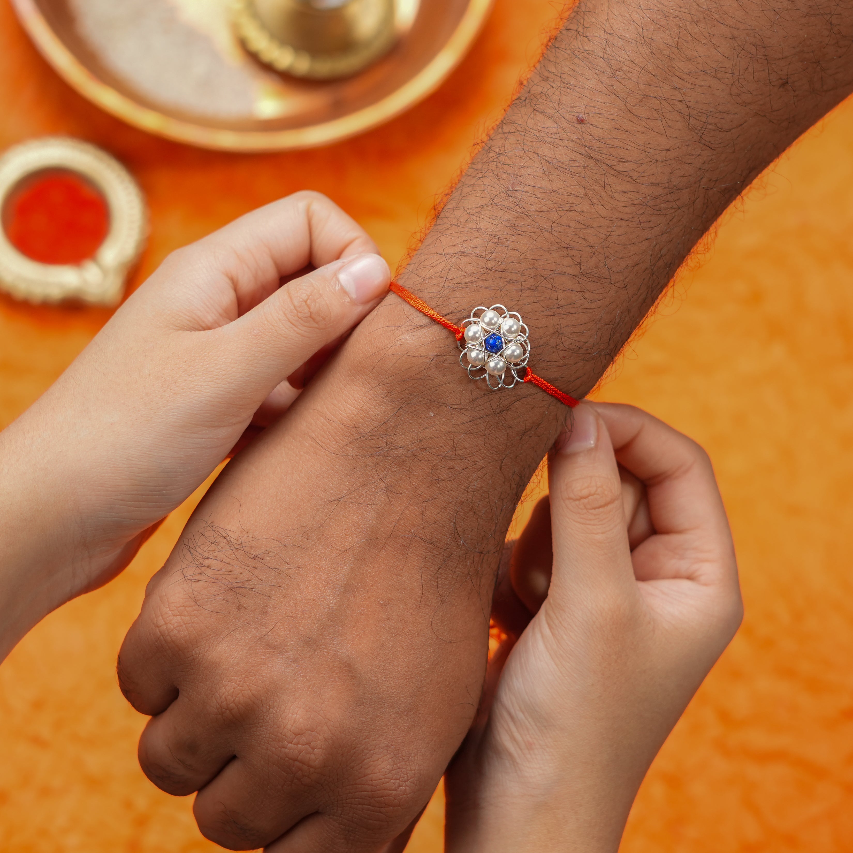 Wire-Wrapped Lapis Lazuli & Pearl Flower Handmade Silver Rakhi