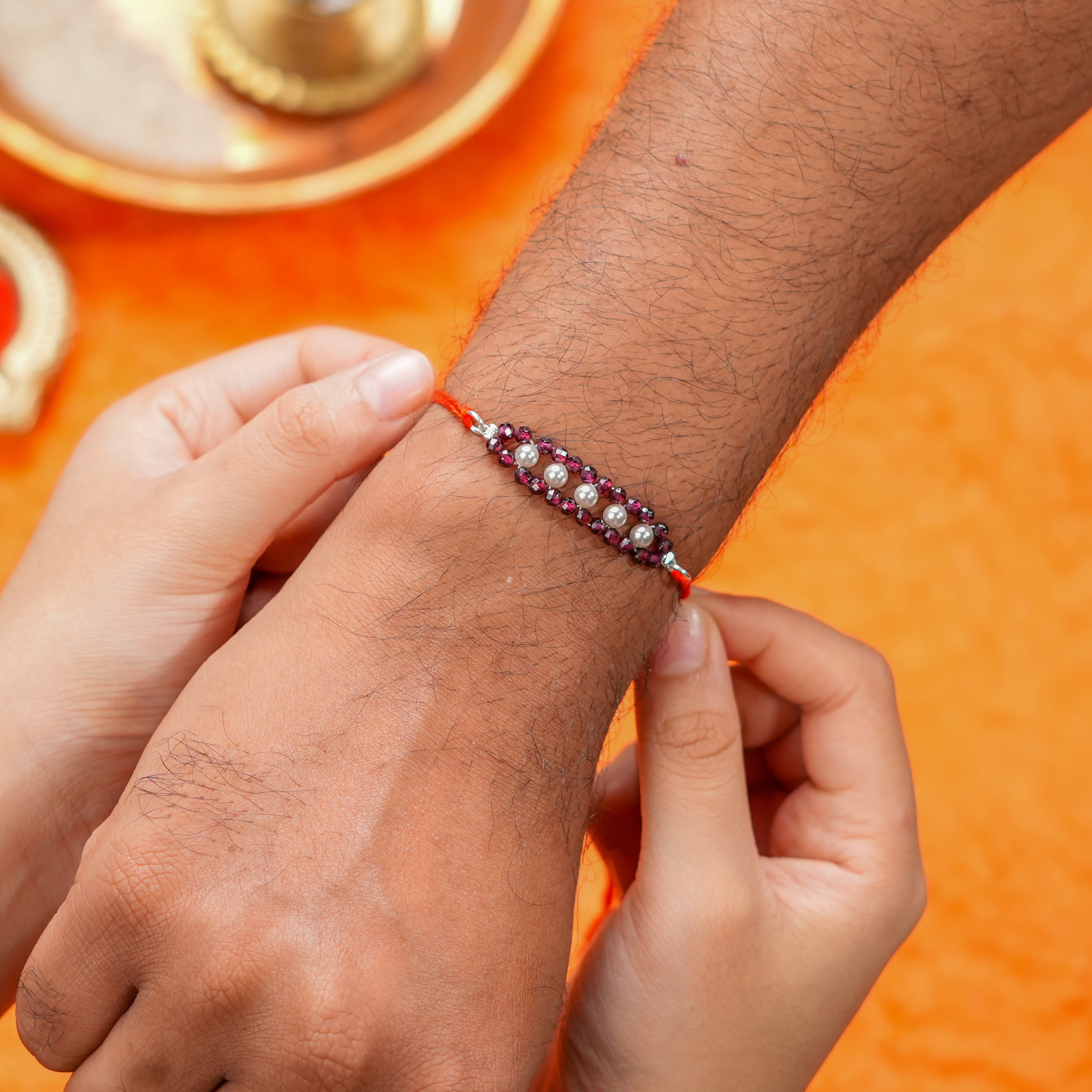 Garnet & Pearl Handmade Silver Rakhi