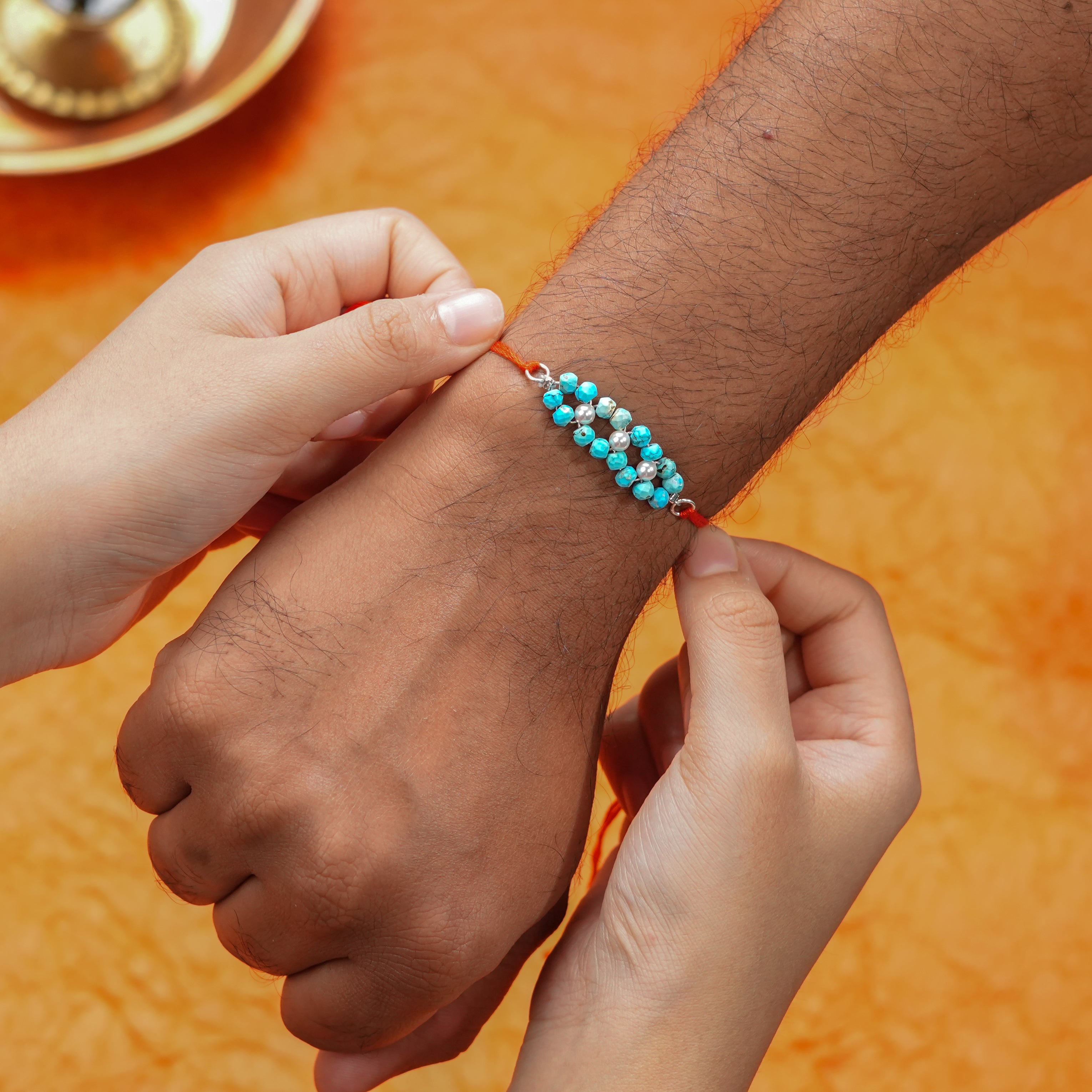 Turquoise & Pearl Handmade Silver Rakhi