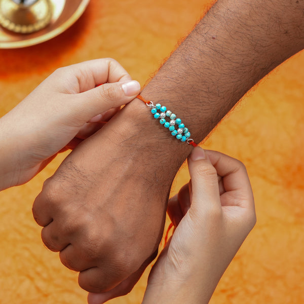 Turquoise & Pearl Handmade Silver Rakhi