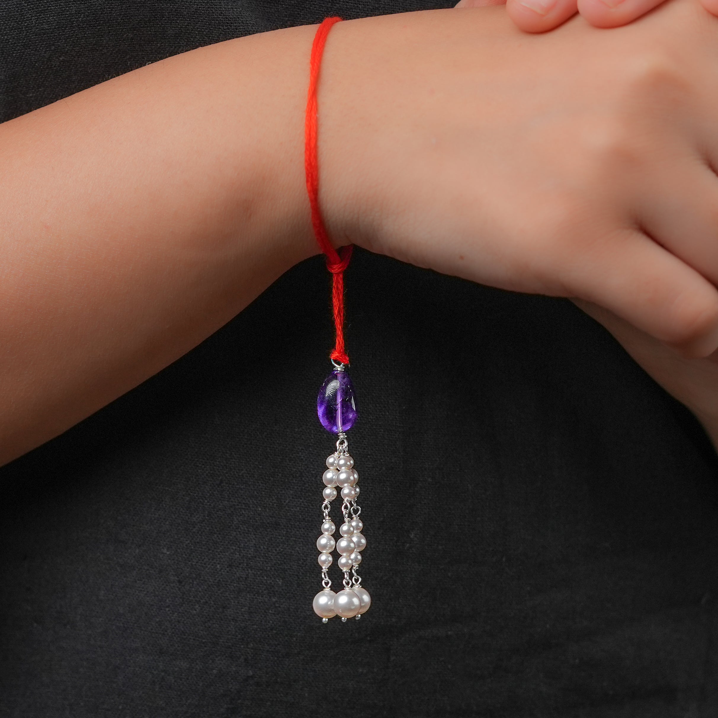 Amethyst & Pearl Handmade Silver Lumba Rakhi