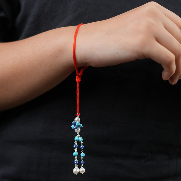 Turquoise, Blue Jade & Pearl Handmade Silver Lumba Rakhi
