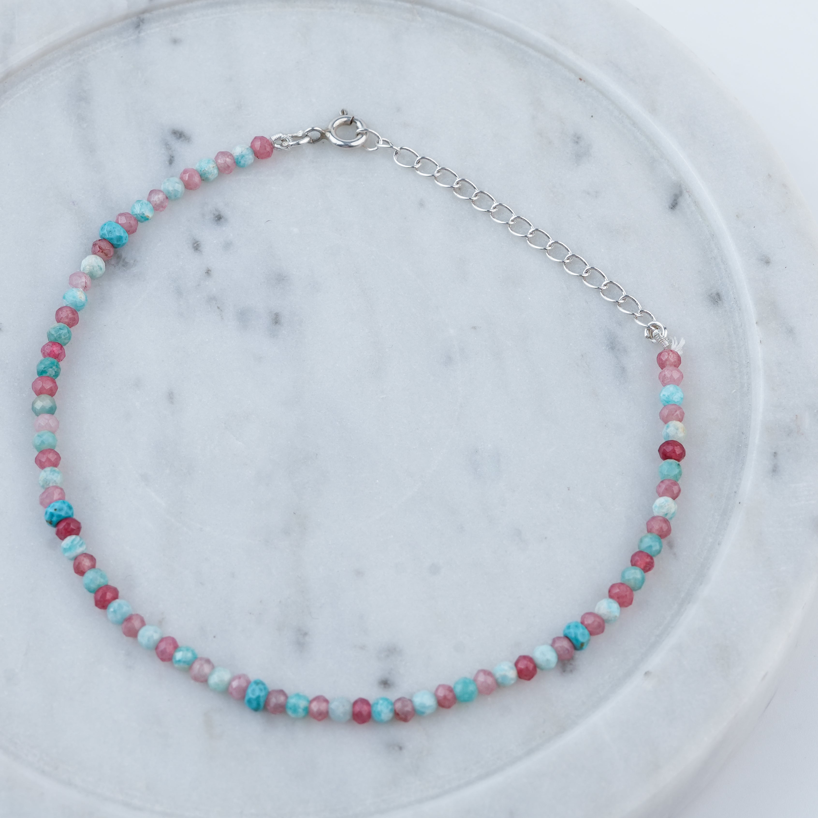 Pink Jade, Firoza & Turquoise Silver Anklet (Project Handmade)