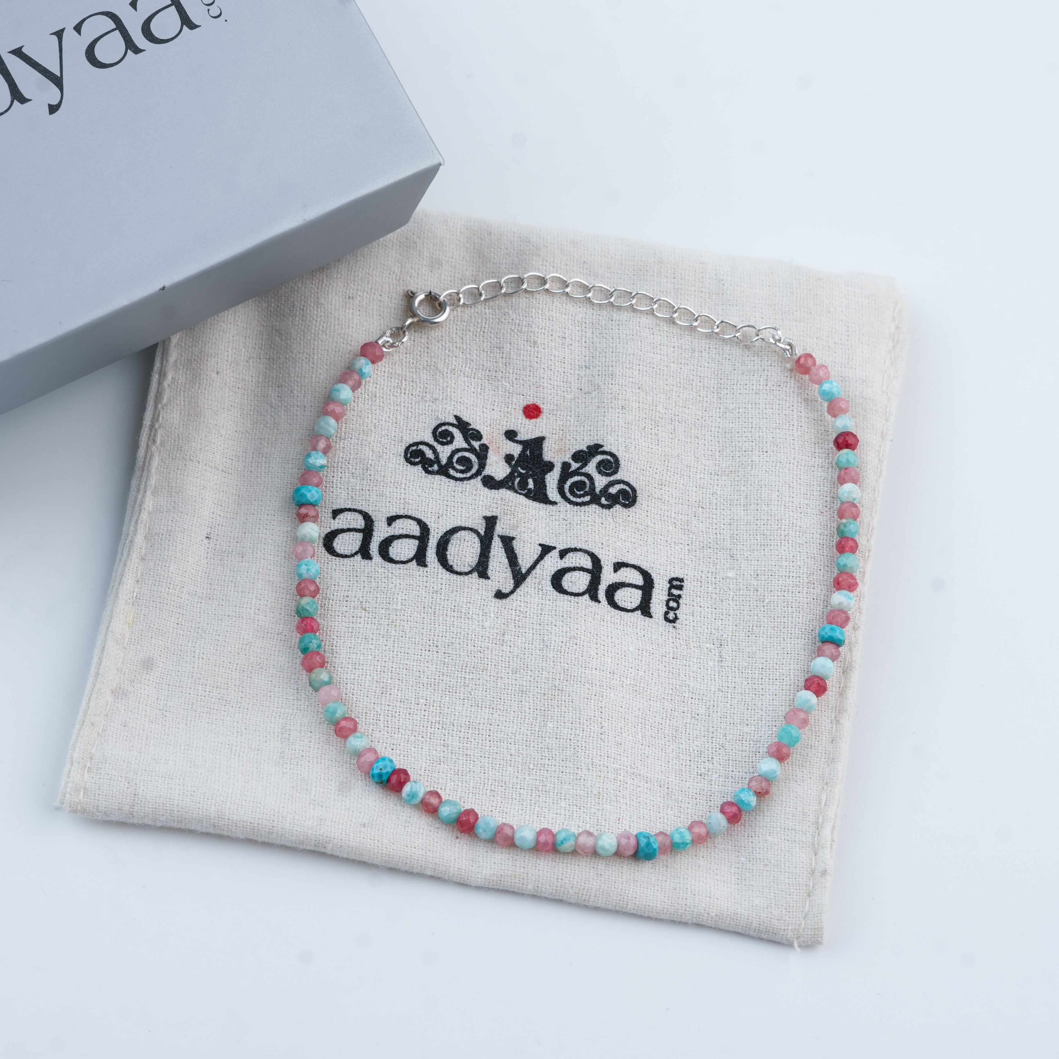 Pink Jade, Firoza & Turquoise Silver Anklet (Project Handmade)