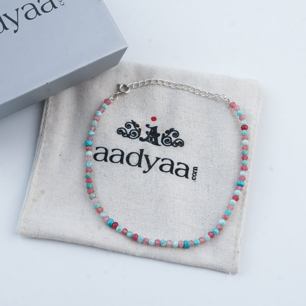 Pink Jade, Firoza & Turquoise Silver Anklet (Project Handmade)