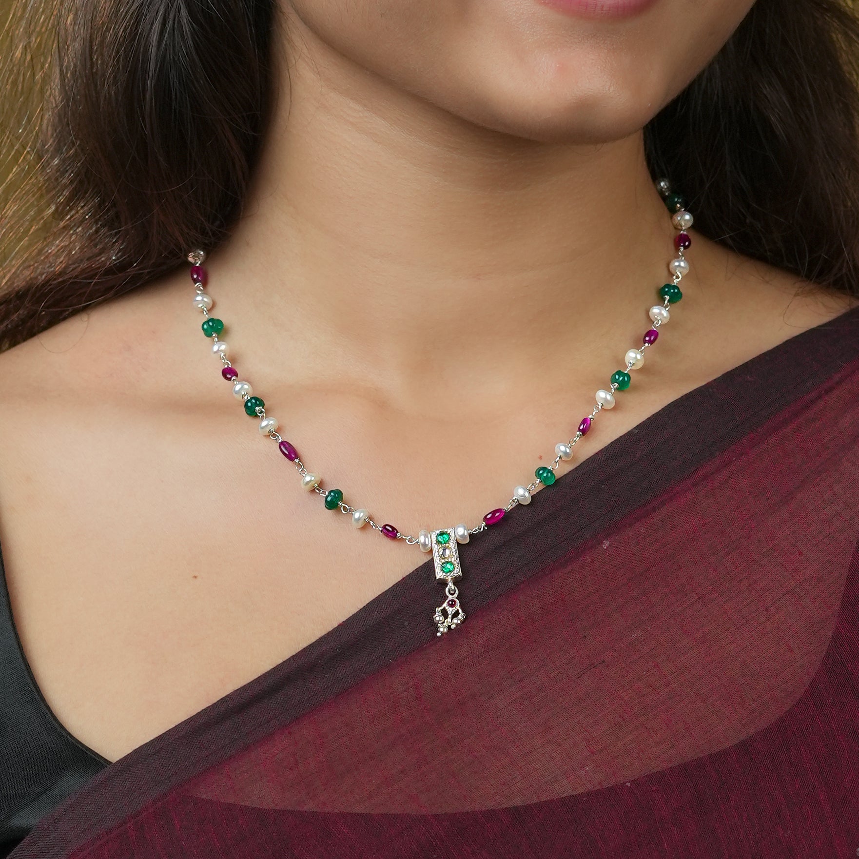 Rubies, Green Onyx & Freshwater Pearl Ganthan Necklace