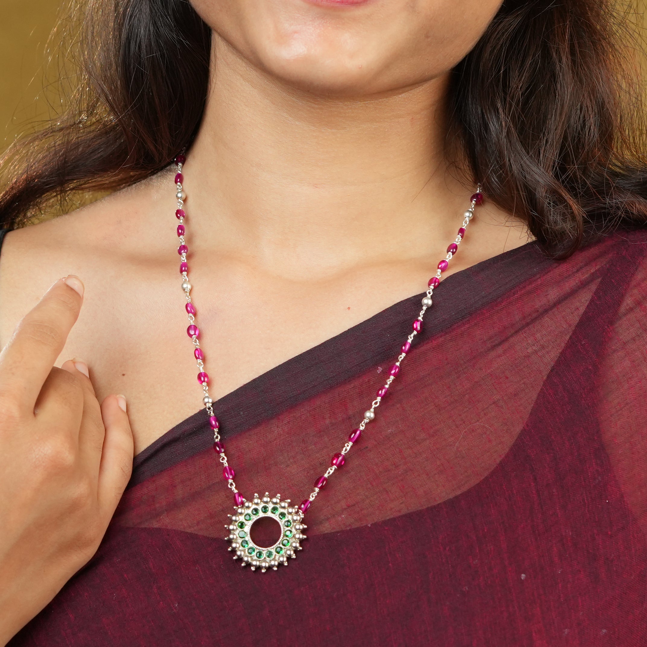 Silver Karwar Motif Pendant & Ruby Ganthan Necklace