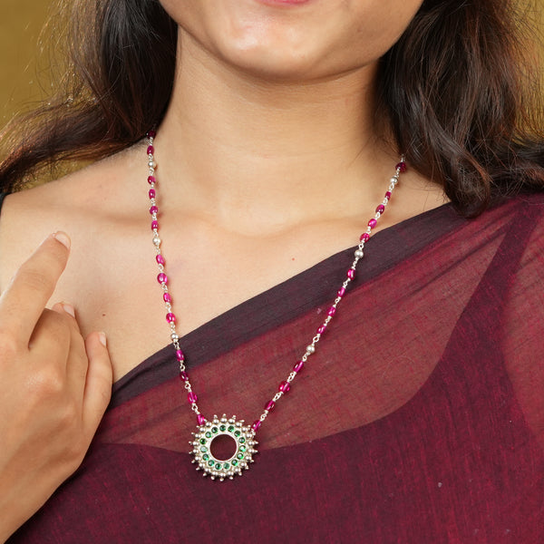 Silver Karwar Motif Pendant & Ruby Ganthan Necklace