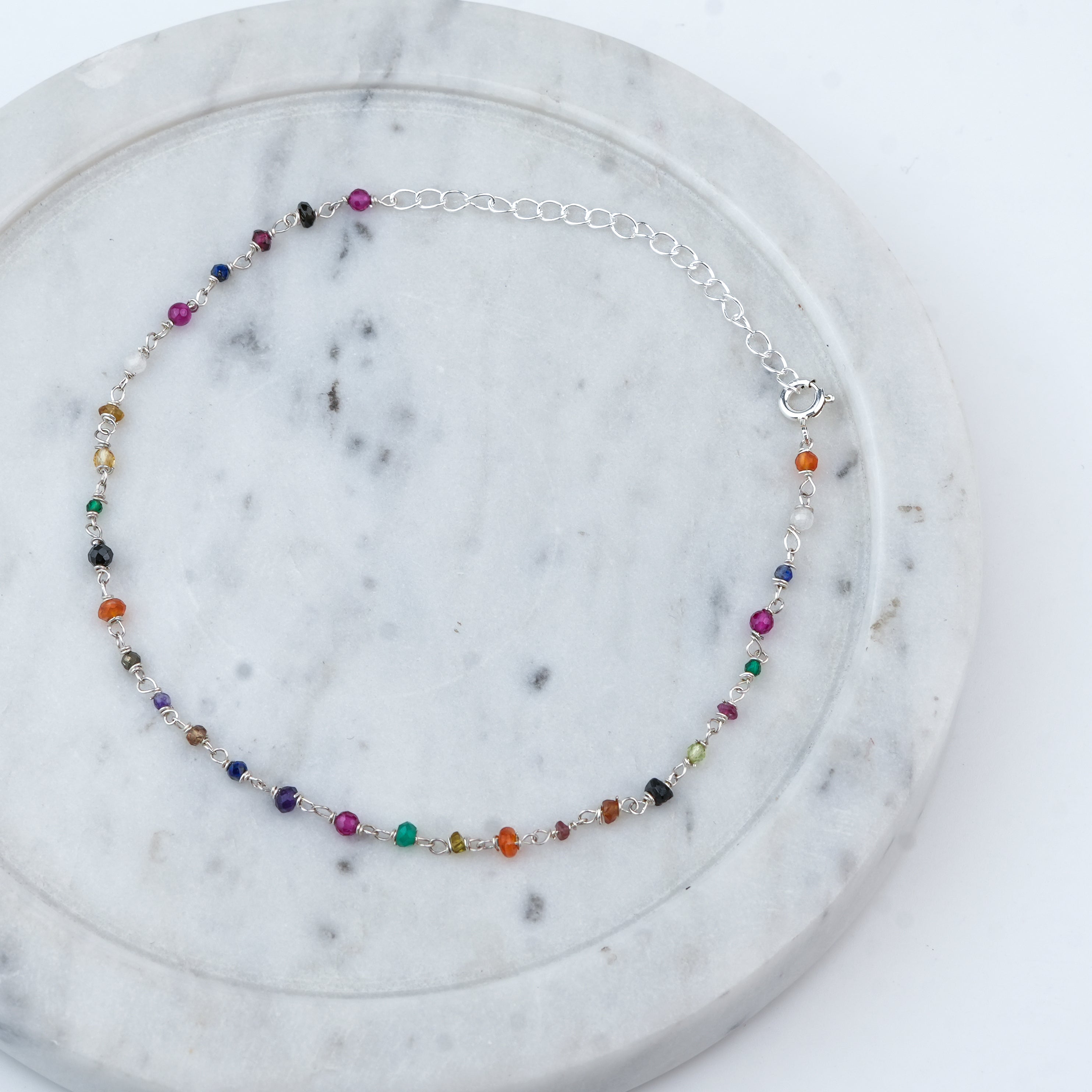 Silver Multicolour Stone Ganthan Anklet