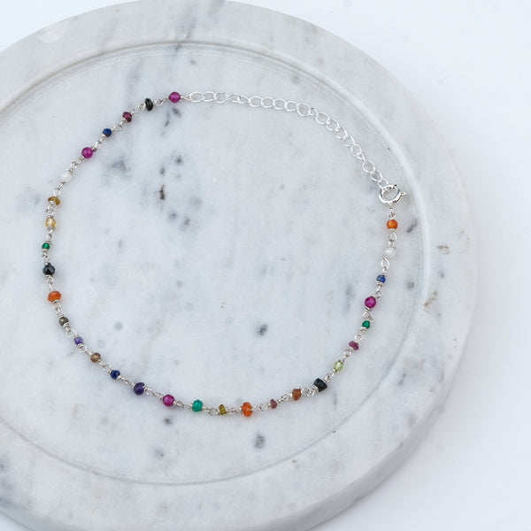 Silver Multicolour Stone Ganthan Anklet