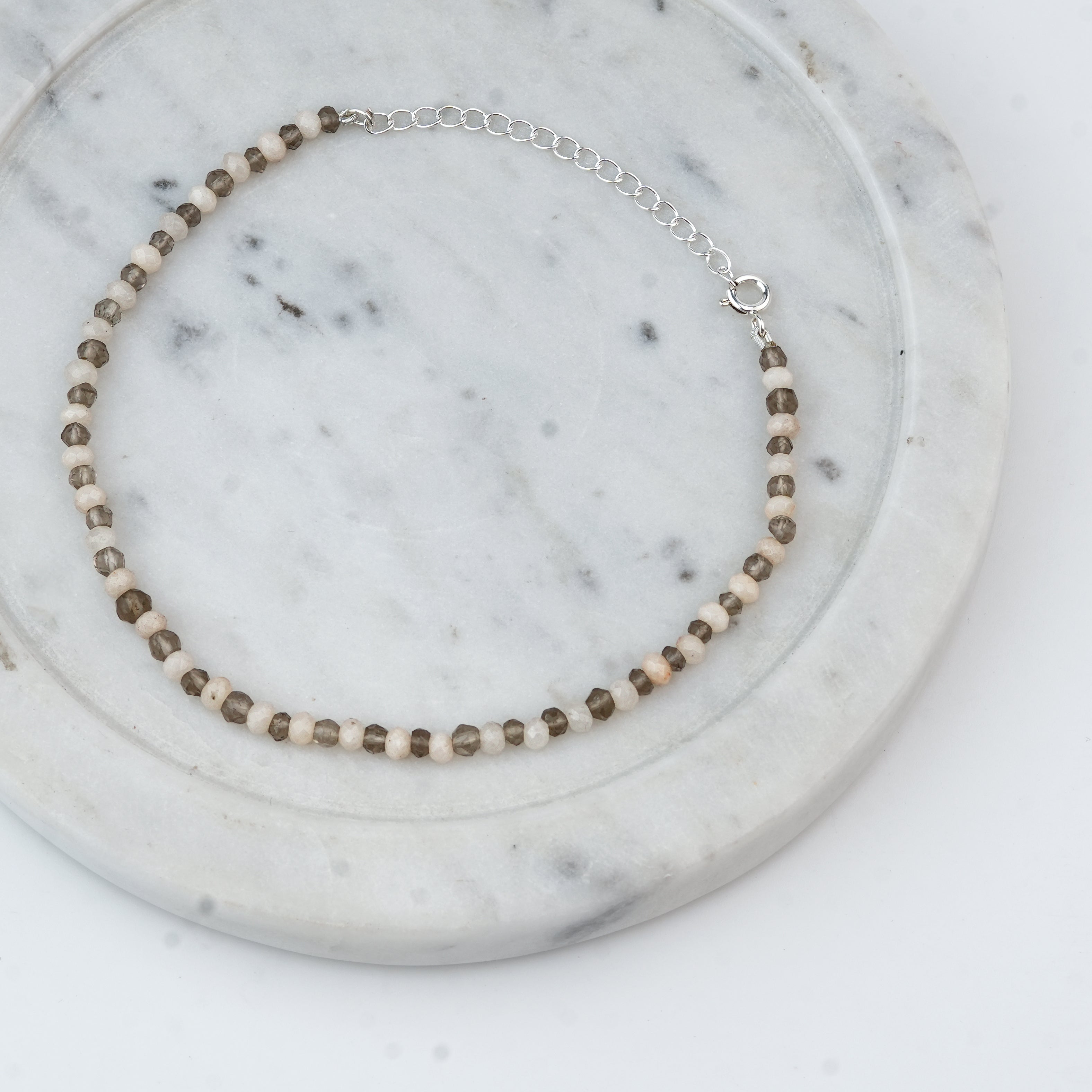White Jade & Smoky Quartz Silver Anklet (Project Handmade)