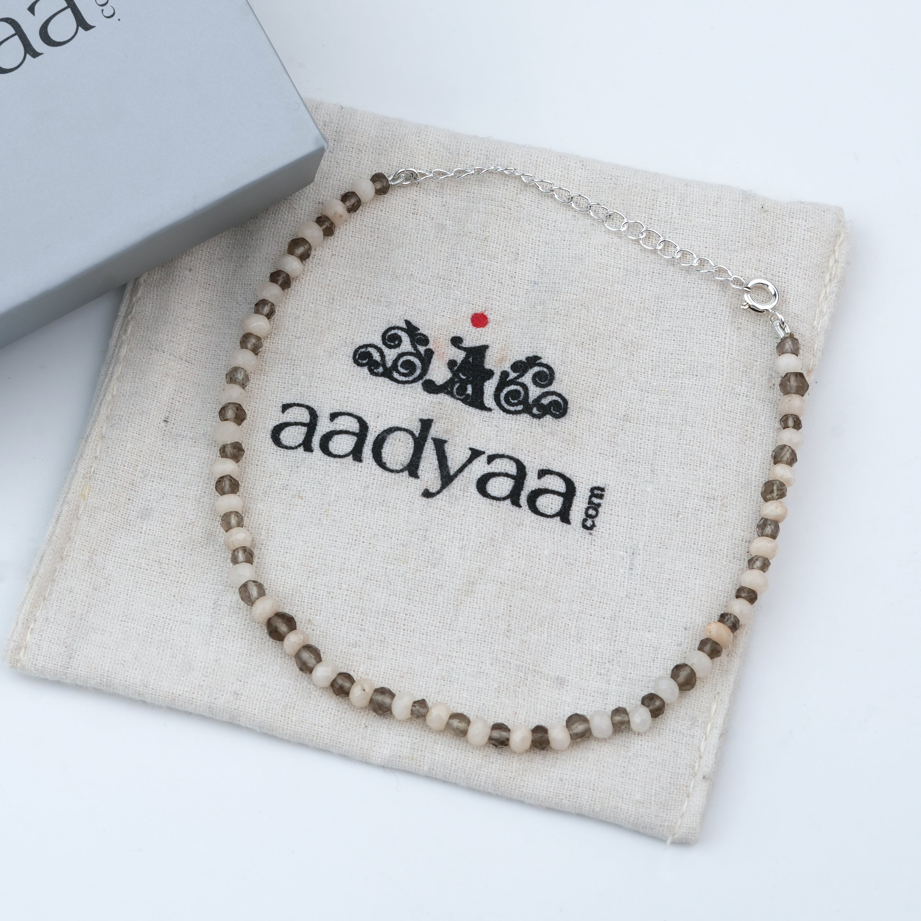 White Jade & Smoky Quartz Silver Anklet (Project Handmade)