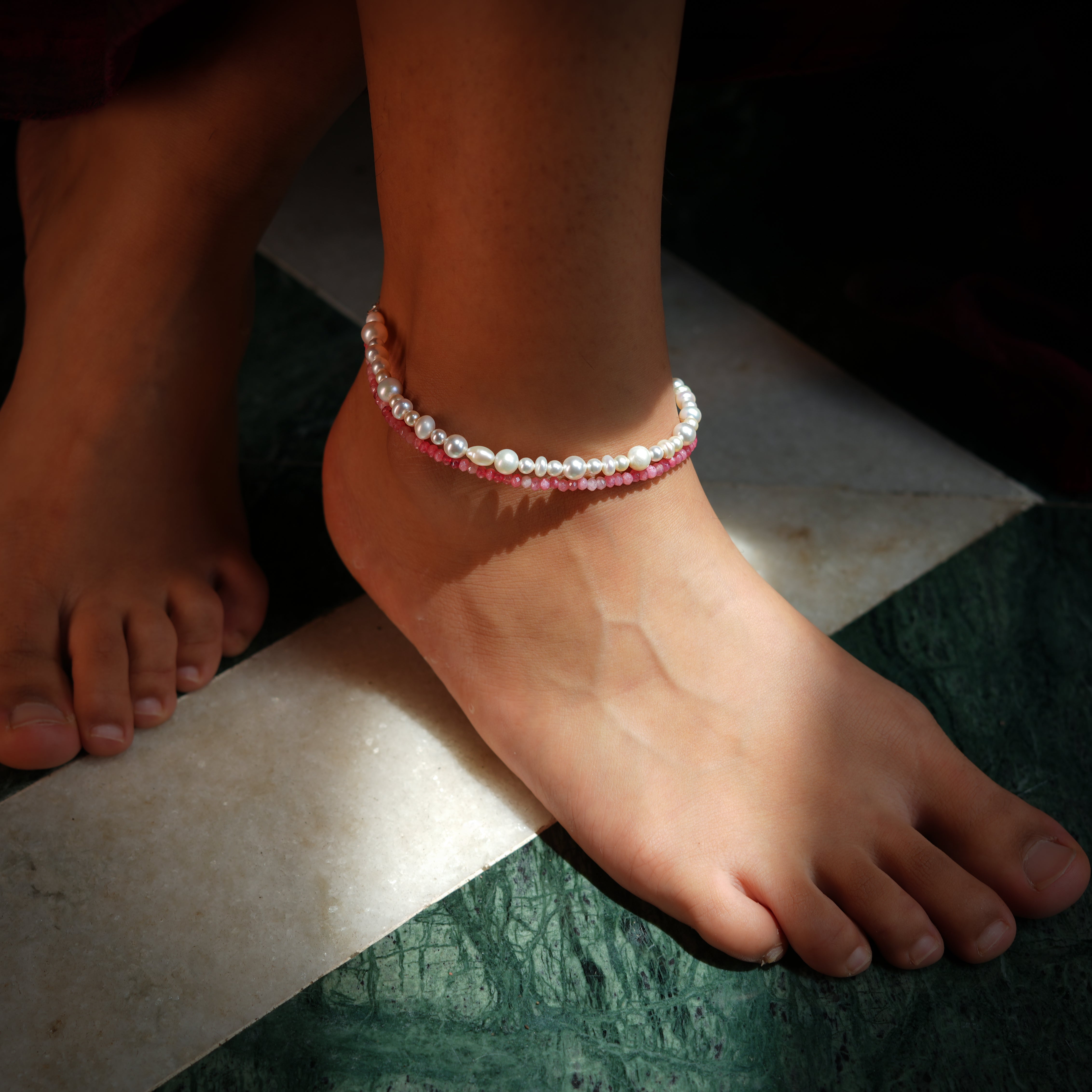 Freshwater Pearl & Pink Jade Anklet (Project Handmade)