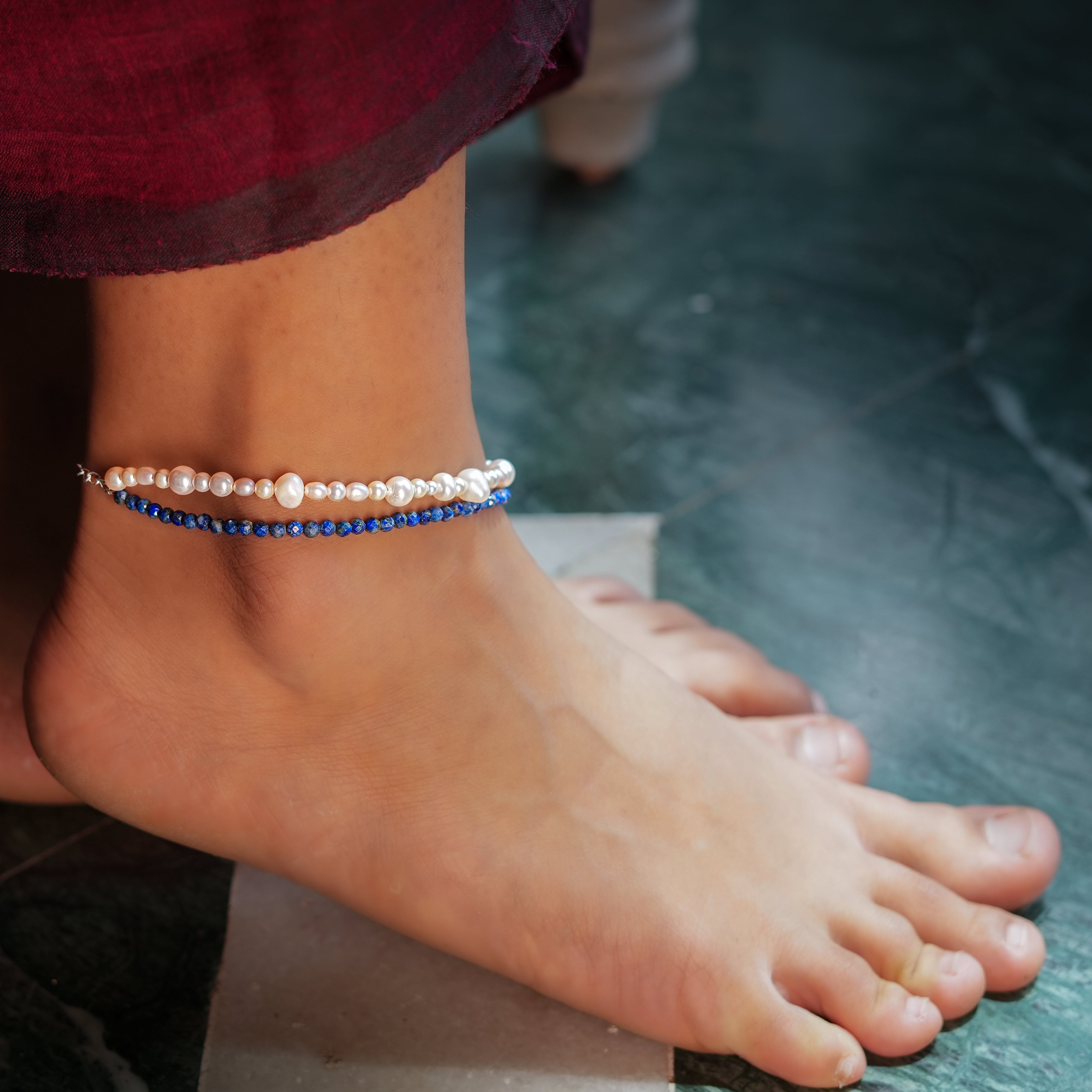 Freshwater Pearl & Lapis Lazuli Anklet (Project Handmade)