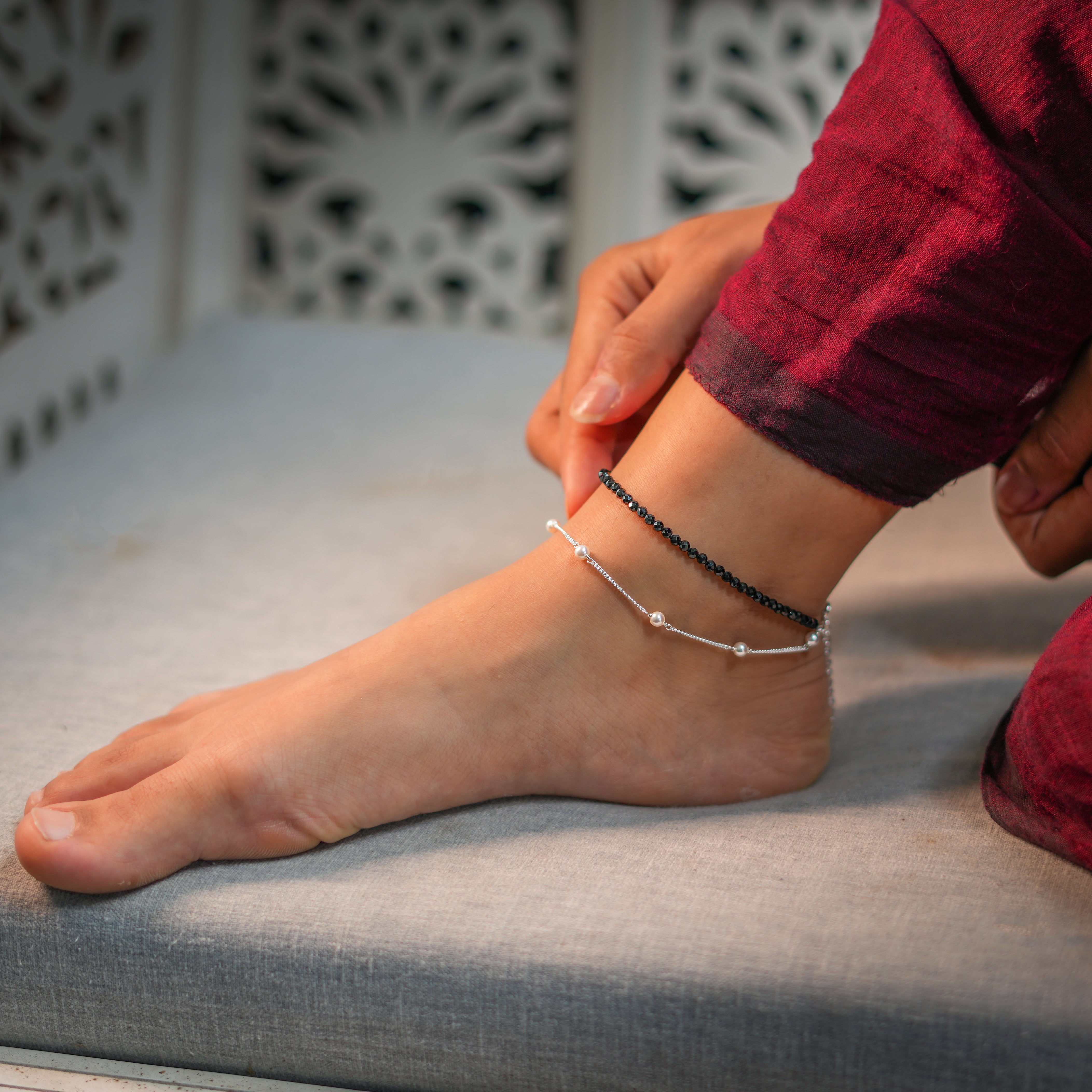 Black Spinel & Pearl Chain Anklet (Project Handmade)